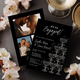 Invitation Tour de champagne noir et blanc Photo Engagement