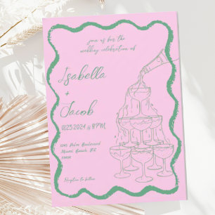 Invitation Tour de Champagne Rose Vert Mariage rétro Wavy