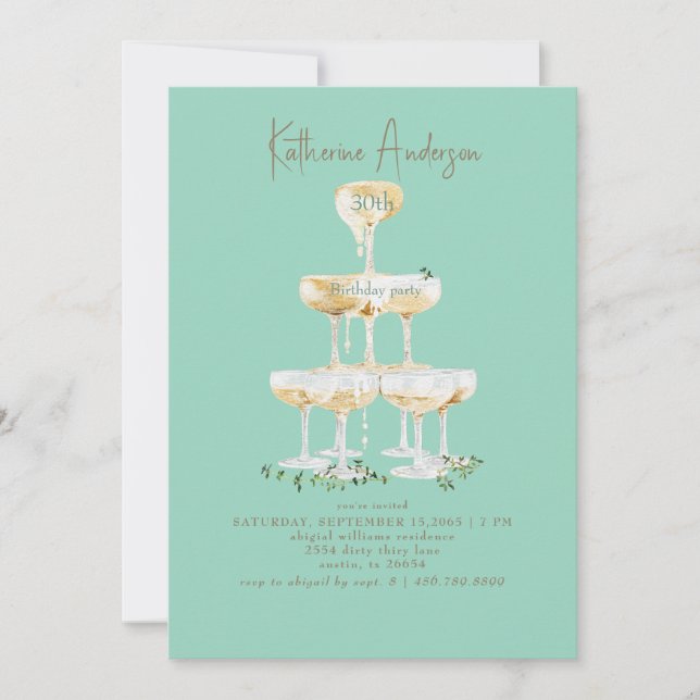 Invitation Tour de champagne turquoise pour 30e anniversaire  (Devant)