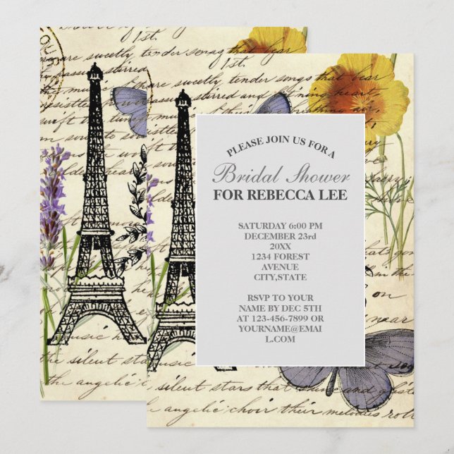 Invitation Tour de l'aile rustique vintage Paris Party (Devant / Derrière)