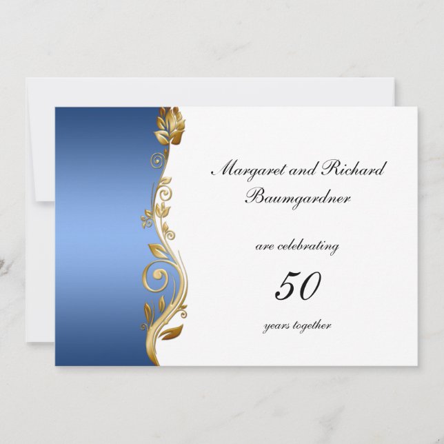 Invitation Tour de mariage Blue Gold Floral Swirls 50ème anni (Devant)