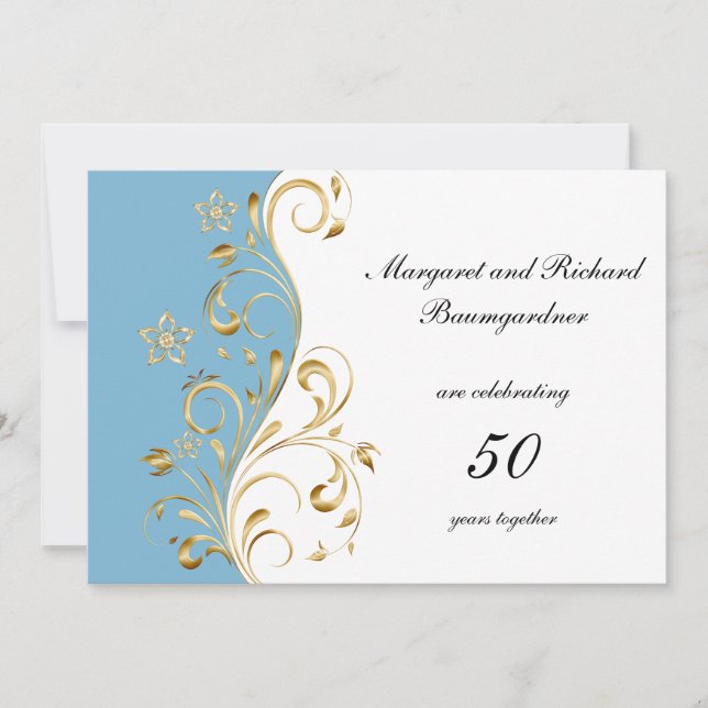Invitation Tour de mariage de 50 ans bleu clair et or (Devant)