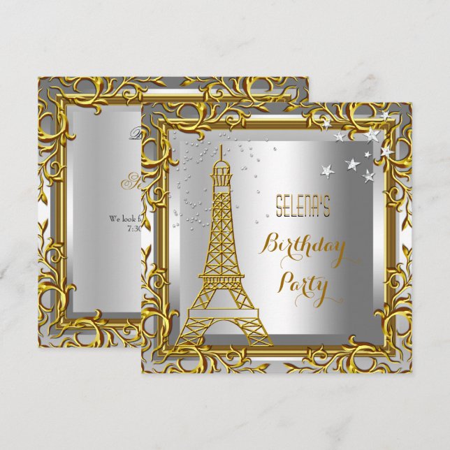 Invitation Tour Eiffel Anniversaire Fête Or Blanc Argent (Devant / Derrière)