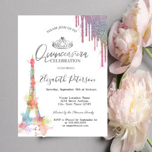 Invitation Tour Eiffel aquarelle, gouttes colorées Quinceañer