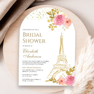 Invitation Tour Eiffel Arc en or à fleurs roses pour une fête