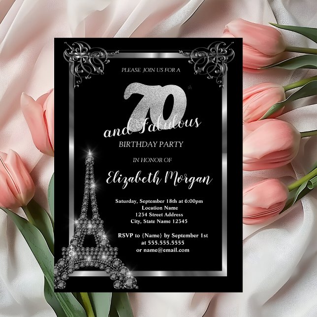 Invitation Tour Eiffel Argent, Bordure Noir 70e Anniversaire (Créateur téléchargé)