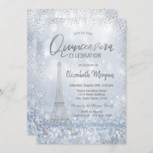 Invitation Tour Eiffel Argent Confetti Bokeh Quinceañera