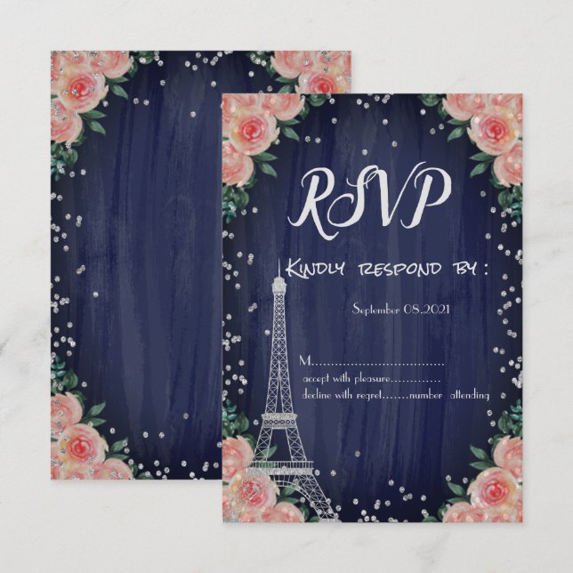 Invitation Tour Eiffel Argent Diamants Fleurs RSVP (Devant / Derrière)