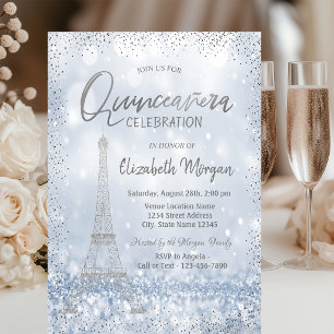 Invitation Tour Eiffel argentée Confettis Bokeh Quinceañera