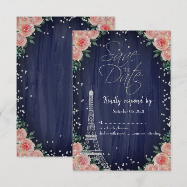 Invitation Tour Eiffel argentée Diamants Floral RSVP  (Devant / Derrière)