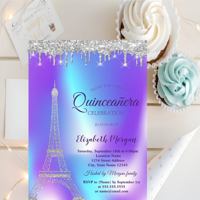 Invitation Tour Eiffel argentée, gouttes holographiques pour  (Créateur téléchargé)
