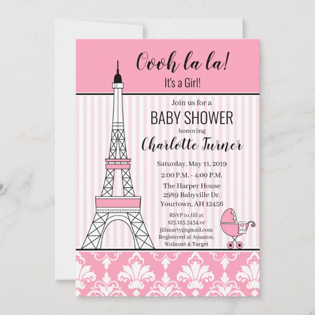 Invitation Tour Eiffel Baby shower à thème rose (Devant)
