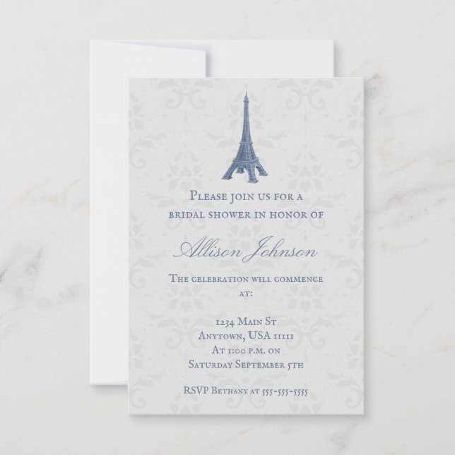 Invitation Tour Eiffel bleu Damask Fête des mariées Invitatio (Devant)