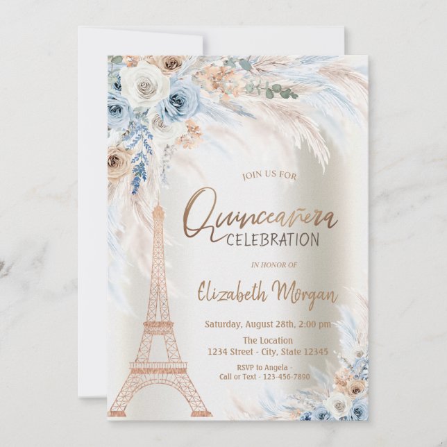 Invitation Tour Eiffel Bleu Roses Pampas Grass Quinceanera (Devant)