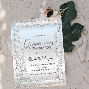 Invitation Tour Eiffel Cadre Argent Quinceanera Argentée