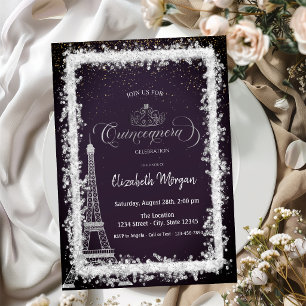 Invitation Tour Eiffel Cadre Argent Quinceanera Violet Foncé