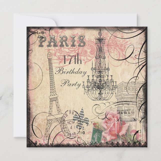 Invitation Tour Eiffel chic et lustre 17e anniversaire (Devant)