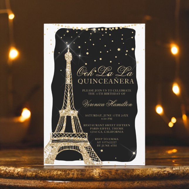 Invitation Tour Eiffel chic parties scintillant or noir quinc (Eiffel tower chic gold glitter black quinceanera invitation)