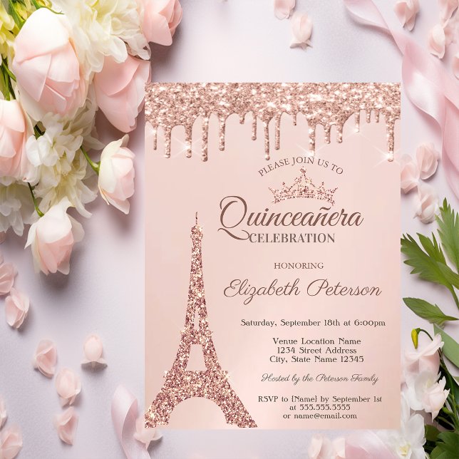 Invitation Tour Eiffel Chic, Rose Roulettes d'or Quinceañera (Créateur téléchargé)