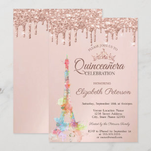 Invitation Tour Eiffel Colorée, Rose Gold Gouttes Quinceañera