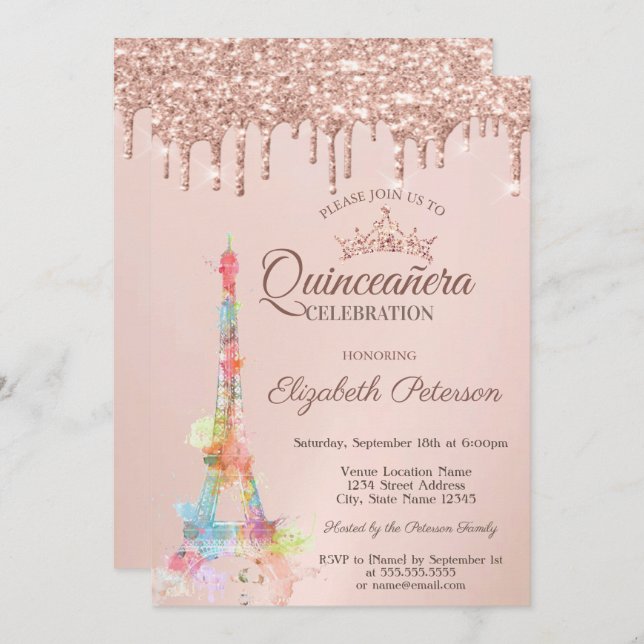 Invitation Tour Eiffel colorée, Rose gouttes d'or Quinceañera (Devant / Derrière)