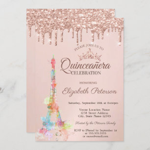 Invitation Tour Eiffel colorée, Rose gouttes d'or Quinceañera