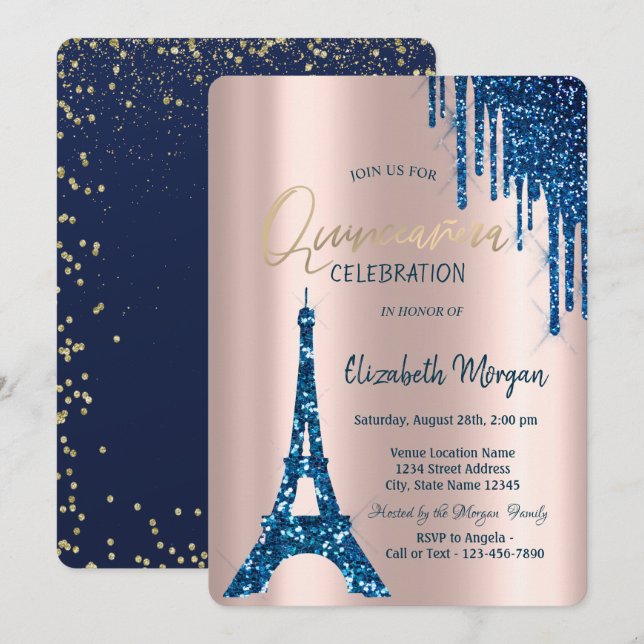 Invitation Tour Eiffel Confetti Drips Bleu Nuit Quinceañera (Devant / Derrière)