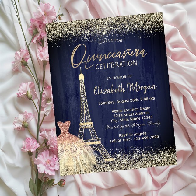 Invitation Tour Eiffel Confetti Robe Marine bleu Quinceanera (Créateur téléchargé)
