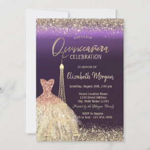 Invitation Tour Eiffel Confetti Robe Quinceanera violet
