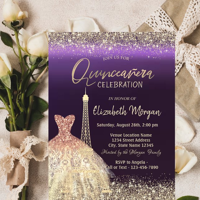 Invitation Tour Eiffel Confetti Robe Quinceanera violet (Créateur téléchargé)