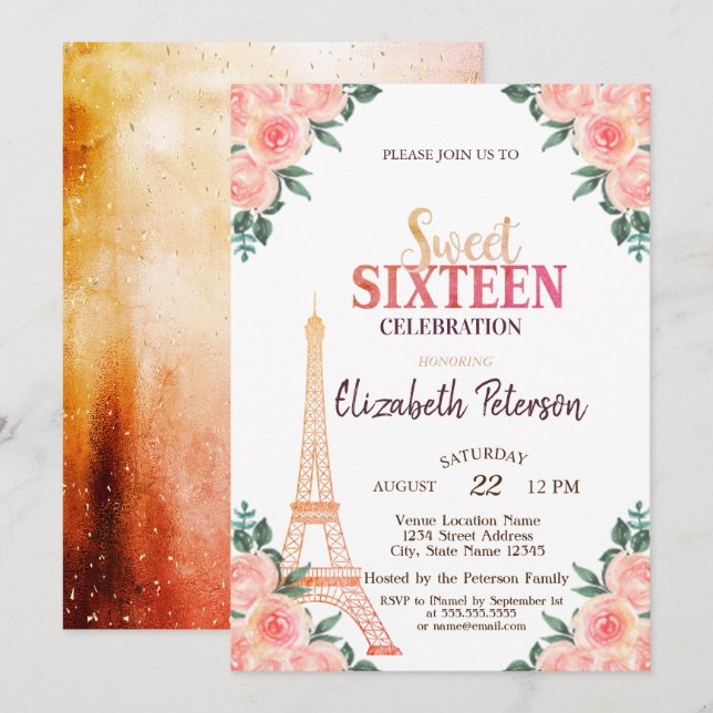 Invitation Tour Eiffel Confettis    ++++9-Fleurs Sweet 16 (Devant / Derrière)