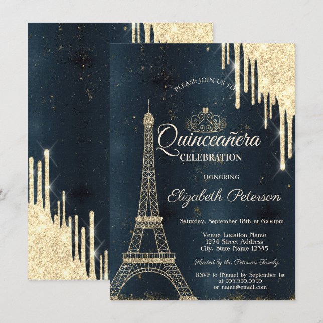 Invitation Tour Eiffel,Couronne de princesse,Gouttes de paill (Devant / Derrière)