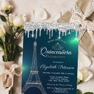 Invitation Tour Eiffel,Couronne,Dégoulinements Vert Quinceañe