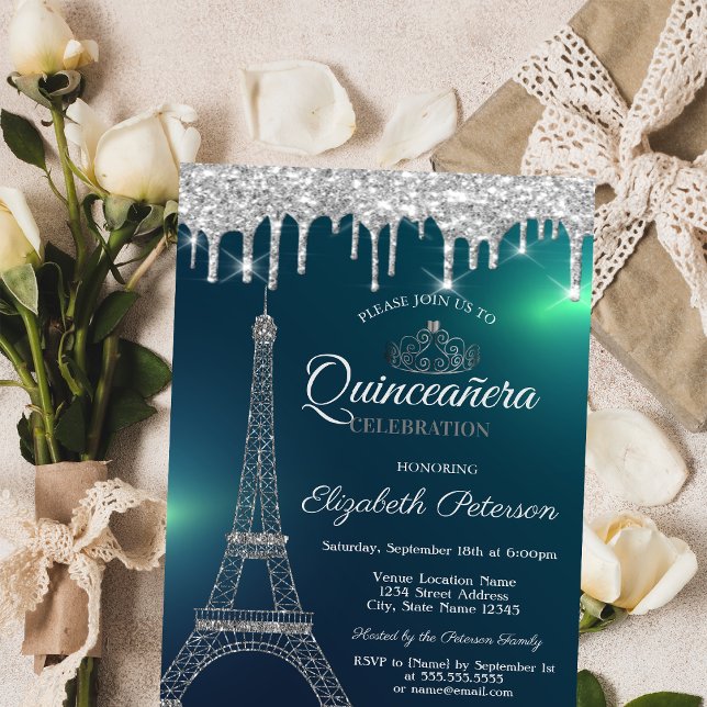 Invitation Tour Eiffel,Couronne,Dégoulinements Vert Quinceañe (Créateur téléchargé)