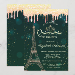 Invitation Tour Eiffel,Couronne,Dégoulinements Vert Quinceañe