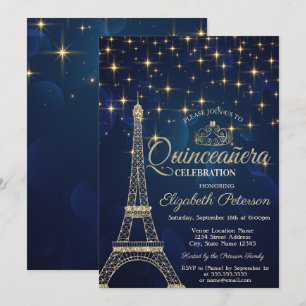 Invitation Tour Eiffel,Couronne,Étoiles Quinceañera Bleu Mari