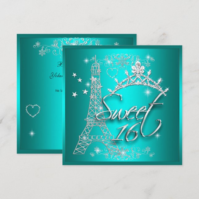 Invitation Tour Eiffel Couronne Turquoise Sweet 16 Seize Ans (Devant / Derrière)