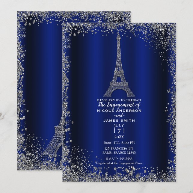 Invitation Tour Eiffel de Fiançailles Pailletée Argent Bleu R (Devant / Derrière)