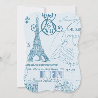 Invitation tour eiffel de paris bleu douche vintage