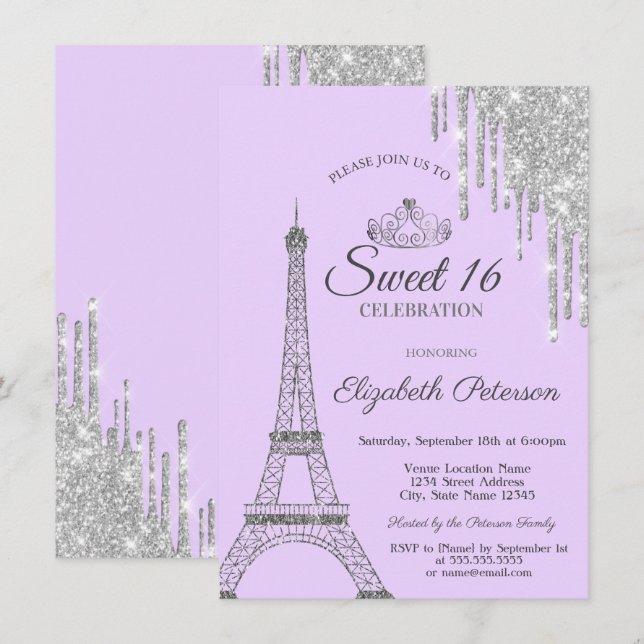 Invitation Tour Eiffel de Paris, Gouttes, Douce seize ans Vio (Devant / Derrière)