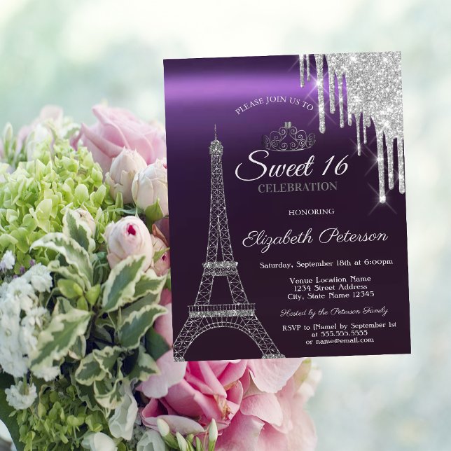 Invitation Tour Eiffel de Paris,Gouttes, Métallic Violet Swee (Créateur téléchargé)