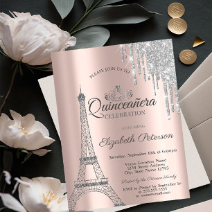 Invitation Tour Eiffel de Paris, gouttes Rose Gold Quinceañer