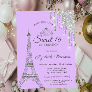Invitation Tour Eiffel de Paris, gouttes violet Sweet 16