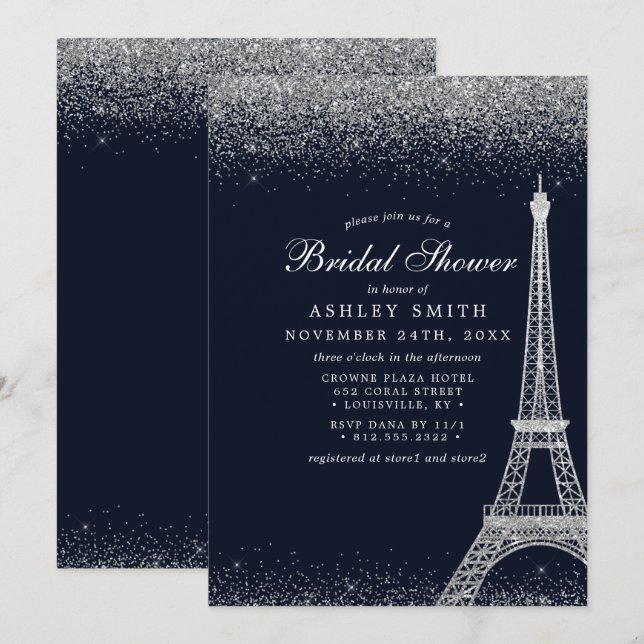 Invitation Tour Eiffel de Paris Mariage Étincelant Argent (Devant / Derrière)