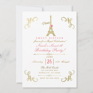 Invitation Tour Eiffel de Paris Or Rose Rose Fête Douce 16