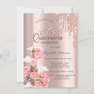 Invitation Tour Eiffel de Paris, Pivoines Drip Quinceañera