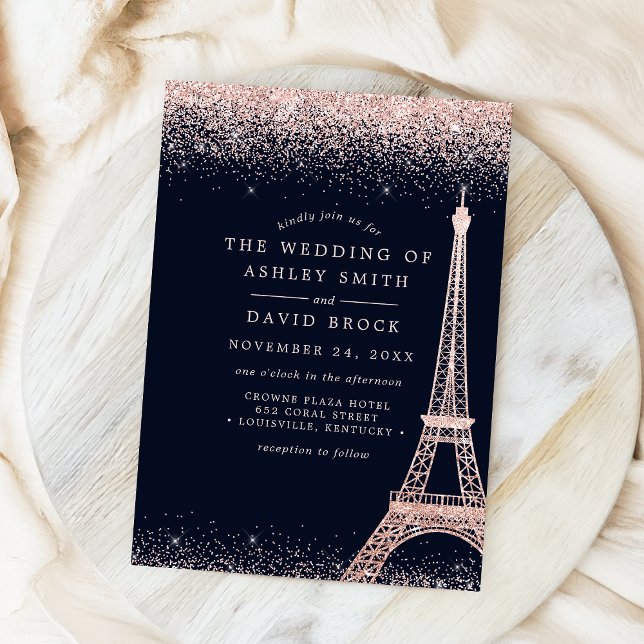 Invitation Tour Eiffel de Paris Rose Gold Confetti Mariage Nu (Créateur téléchargé)