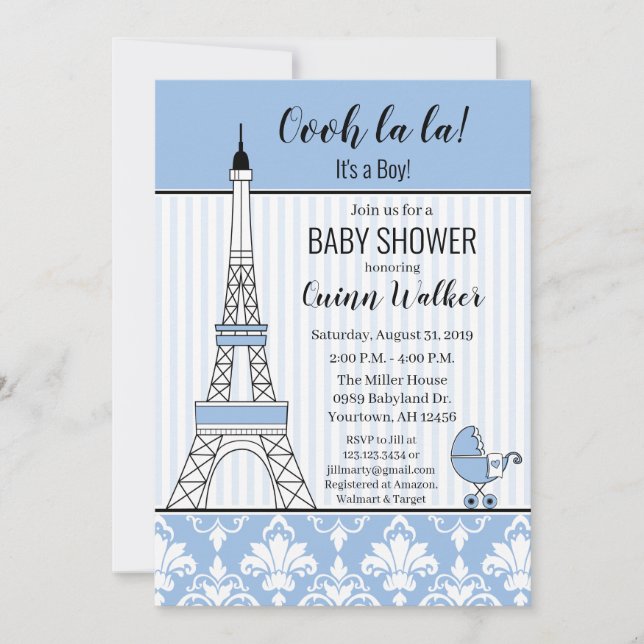 Invitation Tour Eiffel de Paris thème Baby Shower bleu garçon (Devant)