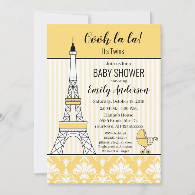 Invitation Tour Eiffel de Paris thème Baby Shower Jaune (Devant)