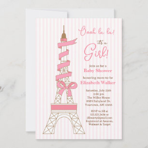 Invitation Tour Eiffel de Paris Thème Baby Shower rose fille